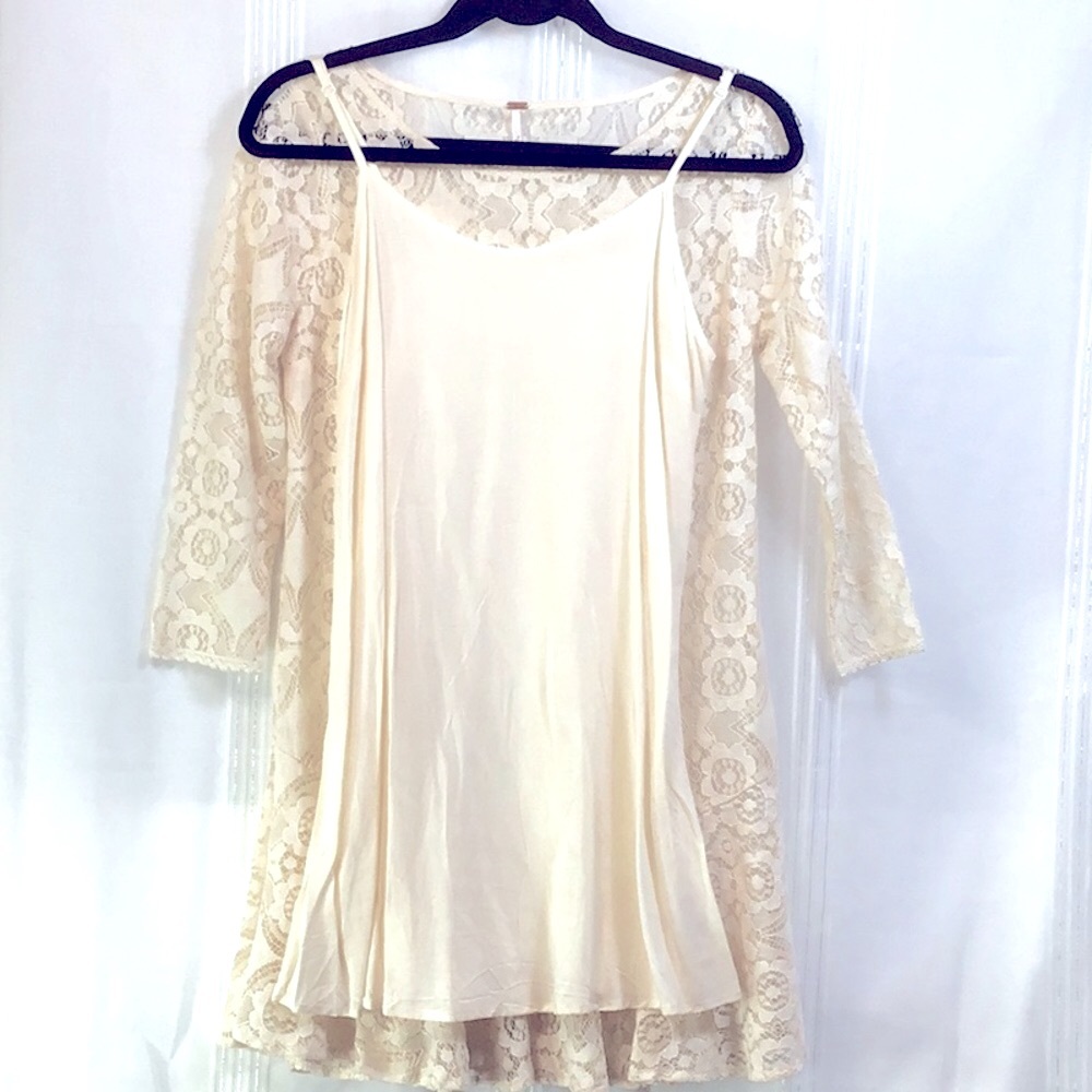 Free People Cream All Over Lace 3/4 Sleeves with Rayon Lingerie Slip Sz.4 - Picture 2 of 10